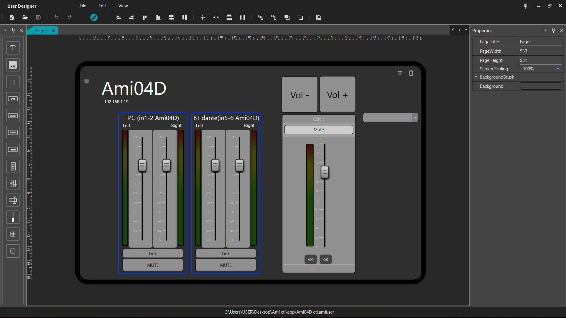 User Designer sur Windows&nbsp;: conception visuelle du panneau d’une Ami04D — faders PC et BT Dante, boutons de volume, propriétés de page
